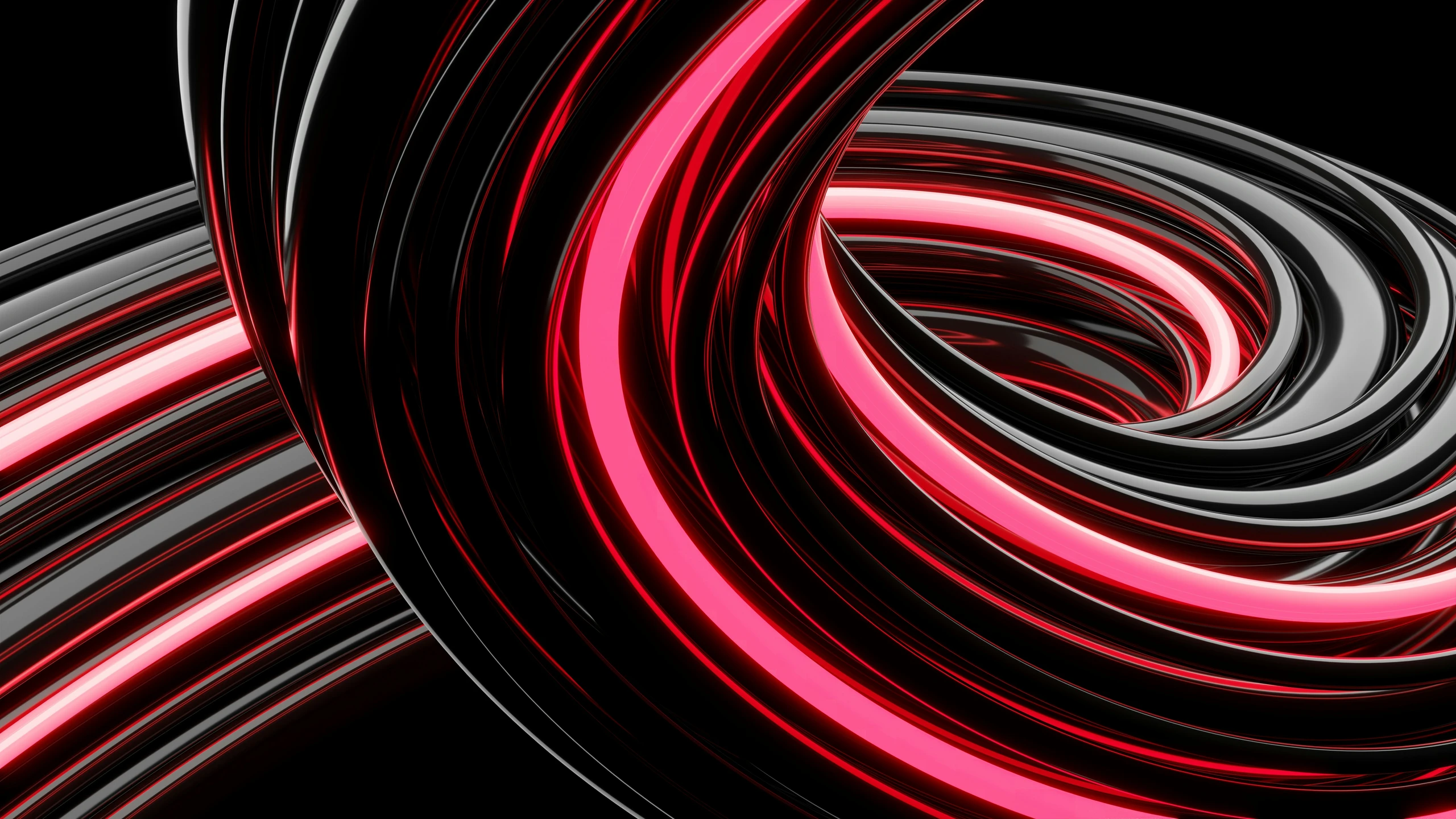 Abstract swirl of neon pink and glossy black tubes on a dark background